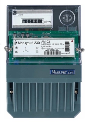 Меркурий 230 AM-02 трёхфазный, однотарифный, 3x230/400 В, 10 (100) А, 3 винта, класс точности 1, активная, механическое.