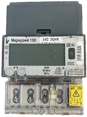 Меркурий 150 2-02 (D)OHR  однофазный, многотарифный, 230 В, 5 (100) А, DIN/3 винта, класс точности 1/2, активная / реактивная, ЖКИ, интерфейсы: Оптопорт, RS-485.