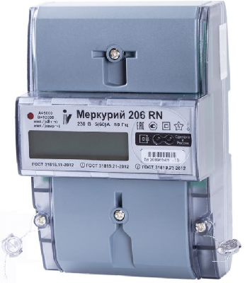 Меркурий 206 RN однофазный, многотарифный, 230 В, 5 (60) А, DIN, класс точности 1/2, активная / реактивная, ЖКИ, интерфейсы: Оптопорт, RS-485.