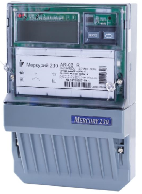 Меркурий 230 AR-00 R трёхфазный, однотарифный, 3x57,7/100 В, 5 (7,5) А, 3 винта, класс точности 0,5S/1,0, активная / реактивная, ЖКИ, интерфейсы: RS-485.